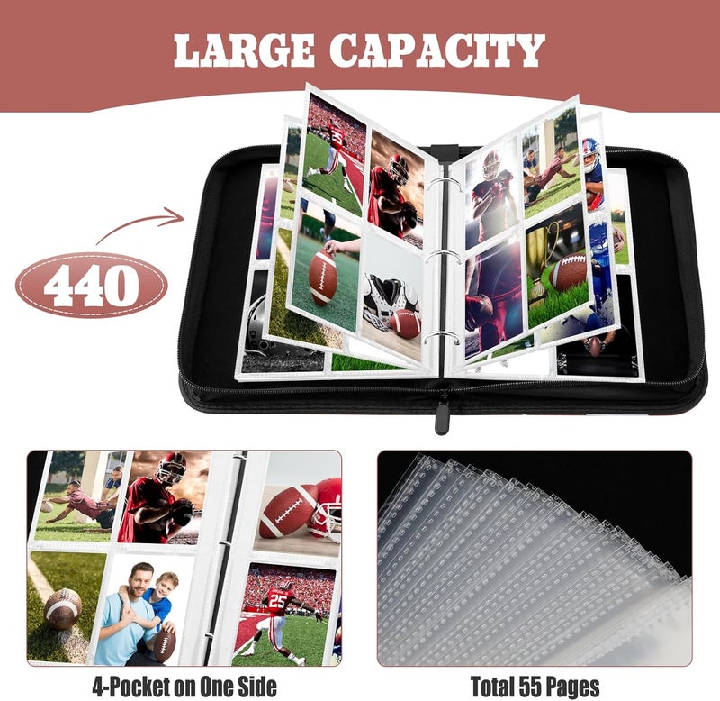 lanfrom Trading Card Binder with Sleeves, 4-Pocket Football Card Binder Premium 440 Double Sided Pocket PU Card Collection Binder, Display Case with Football Card Sleeves Card Holder Protectors Set - Image 4